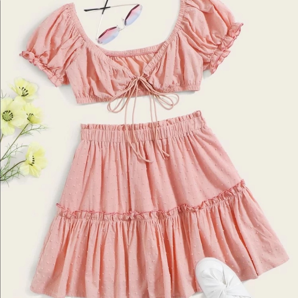 Tie Front Swiss Dot Crop Top & FrillTrim Skirt SET